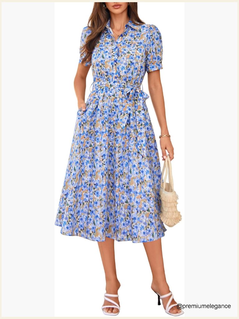 Floral Puff Sleeve Midi Dress With Pockets Boho Sundress